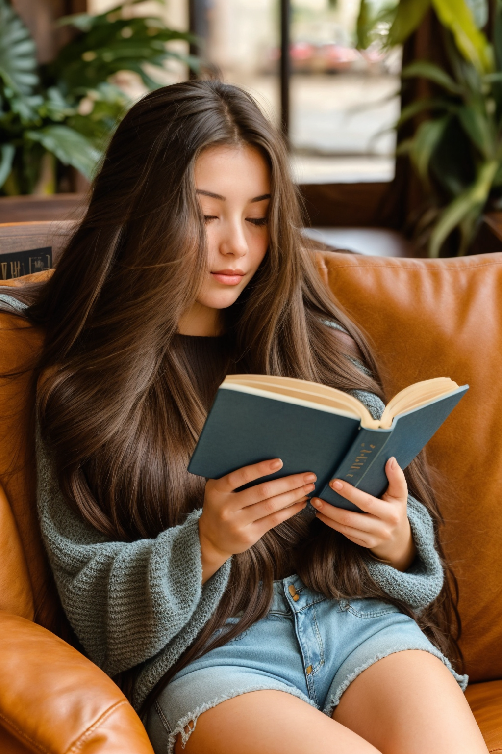 01796-3021219451-photo of a brunette  woman reading a book at a coffee shop, sitting on a sofa, wearing short  jean shorts, wearing a blue wool s.png